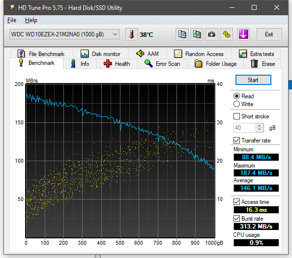 WD Blue WD10EZEX HDTune plot